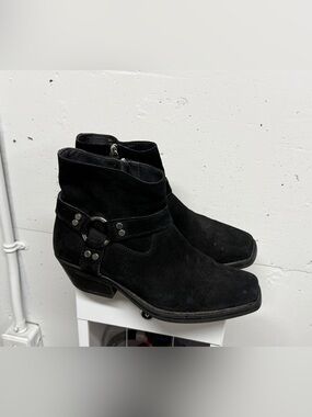 Black Genuine Suede Ankle Boots with Harness Detail - Moto - Western